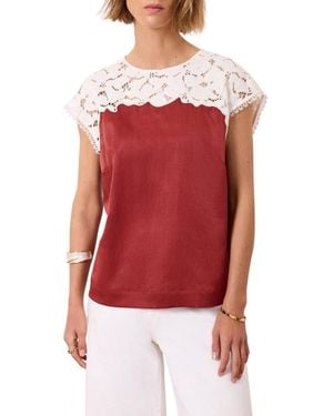 Mint Velvet Satin Lace Cap-sleeve Top - Red