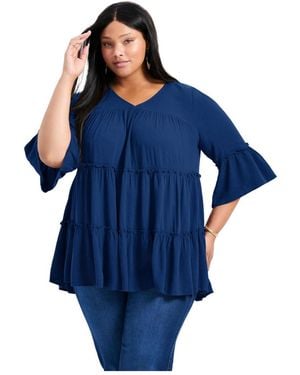Avenue Plus Size Amy Tiered Bell Sleeve Blouse - Blue