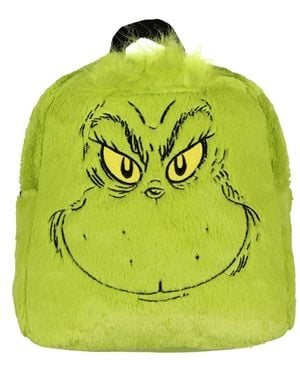 The Grinch Embroidered Smiling Face W/ 3d Hair Tuft Fuzzy Soft Mini Backpack Purse - Green