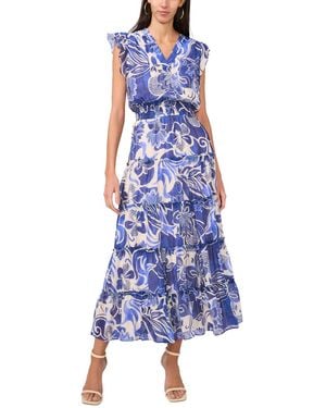 Msk Petite Split Neck Flutter-sleeve Tiered Maxi Dress - Blue