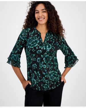 Kasper Floral Print Split-neck Bell-sleeve Blouse - Green