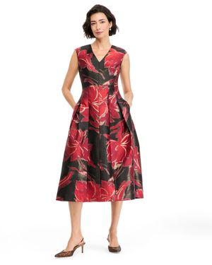 Anne Klein V-neck Fit & Flare Floral Wedding Guest Lurex Midi Dress - Red
