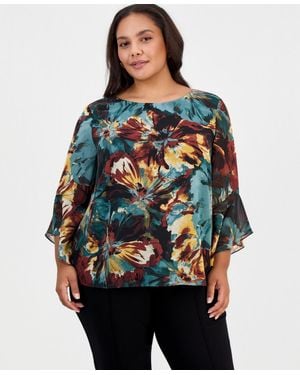 Kasper Plus Size 3/4-sleeve Ruffled Floral-print Blouse - Multicolor