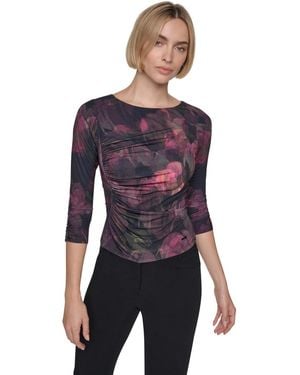 DKNY Petite Floral 3/4-sleeve Blouse - Purple