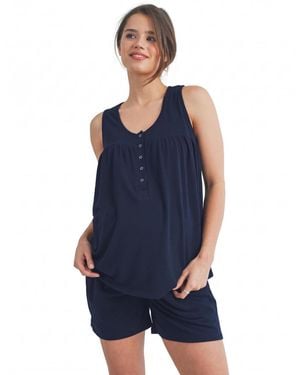 Hello Miss Maternity Scoop-neck Nursing Tank Top And Shorts - Blue