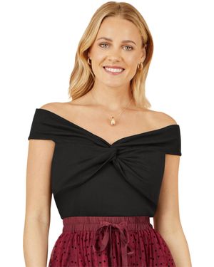 Yumi' Short Sleeve Knot Detail Bardot Top - Black