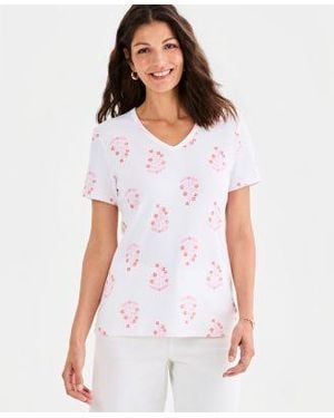 Style & Co. Style Co Printed Short Sleeve V Neck Top Macys Exclusive - White