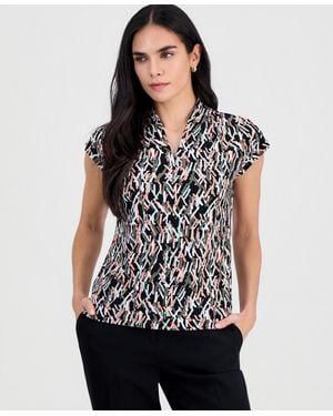 Kasper Petite Printed V-neck Cap-sleeve Blouse - Black