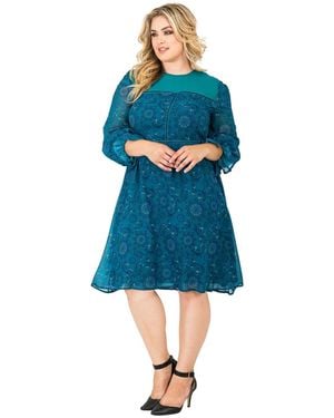 Standards & Practices Plus Size Knee-length Puff Sleeve Chiffon Dress - Blue