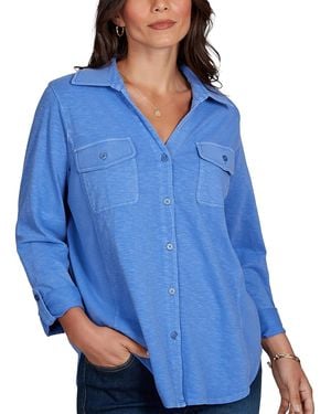 Ruby Rd. Petite Rib Trim Button-front Knit Top - Blue