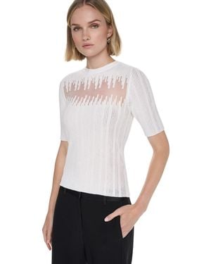 DKNY Ribbed Knit Sheer-panel Short-sleeve Sweater - White