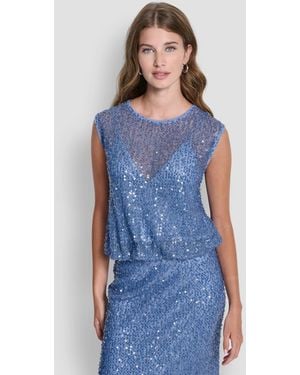 DKNY Sleeveless Bubble Hem Sequin Knit Top - Blue