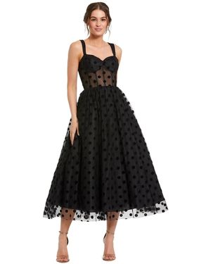 Mac Duggal Petite Polka Dot Net Bustier A-line Midi Dress - Black
