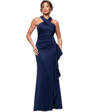 Xscape Crisscross Halter Side-ruffled Gown - Blue