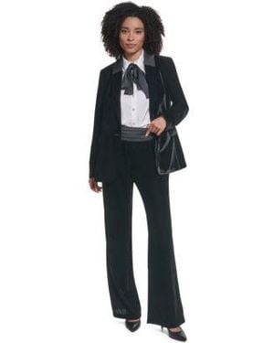 KARL LAGERFELD Velvet Shoulder Padded Blazer Long Sleeve Satin Button Up Blouse Velvet High Waisted Wide Leg Pants - Blue