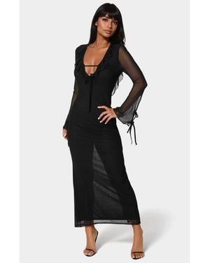 Bebe Long Sleeve Ruffle Neck Maxi Dress - Black