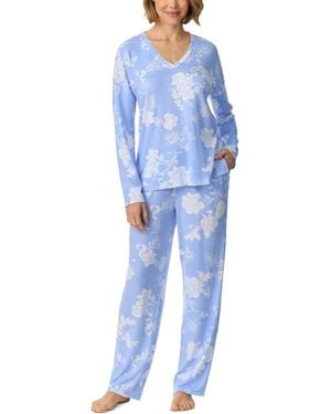 Ellen Tracy Long-sleeve V-neck Brushed Sweater Knit Top And Pants - Blue