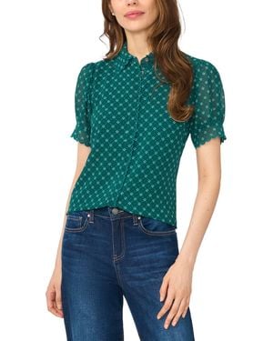Cece Scallop-trim Point-collar Short-sleeve Button-up Top - Blue