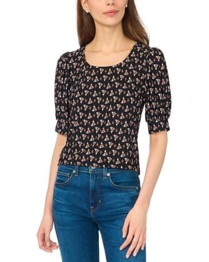 Cece Tulip Crew Neck Shirred Short-sleeve Blouse - Black