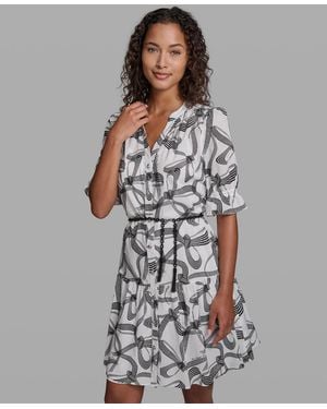 KARL LAGERFELD Printed Belt Collared Dress - Gray