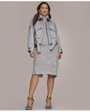 Donna Karan Long Sleeve Belted Jacket Short Sleeve Mock Neck Sweater Sequin Detail Midi Skirt - Gray