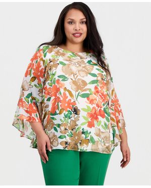 Kasper Plus Size Printed Ruffle-sleeve Blouse - Green
