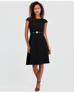 Anne Klein Petite Cap-sleeve Seamed Scuba Crepe Sheath Dress - Black