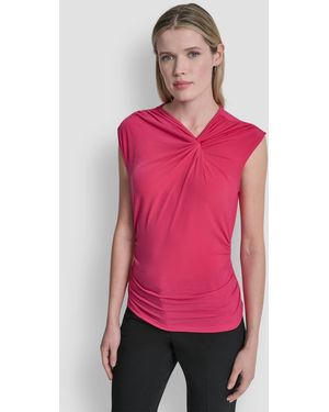 DKNY Asymmetric Neck Cap-sleeve Knit Top - Pink