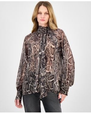 Guess Audrine Printed Tie-neck Blouse - Brown