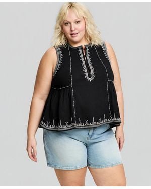And Now This Trendy Plus Embroidered Cotton Sleeveless Top - Black