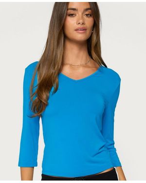 Edikted Toralei V-neck 3/4-sleeve Rayon-blend Top - Blue