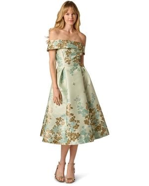 Adrianna Papell Petite Floral Off-the-shoulder Tea Dress - Green