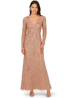Adrianna Papell Long-sleeve Beaded Full-length Gown - Metallic