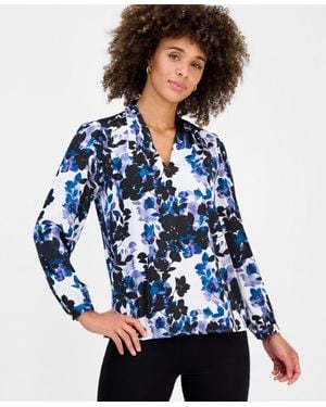 Kasper Petite Long-sleeve V-neck Pleated Shoulder Top - Blue