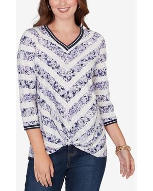 Ruby Rd. Petite Floral Stripe Twist Front Knit Top - Blue