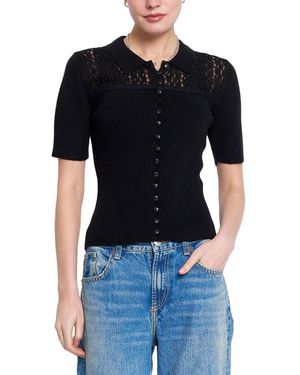 Central Park West Lace Short-sleeve Button-up Sweater - Black
