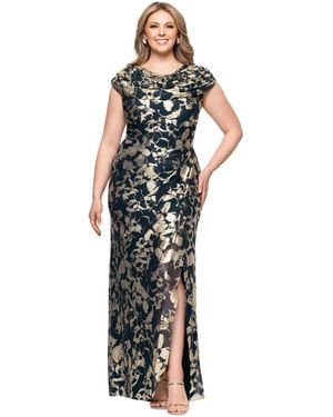 Betsy & Adam Plus Size Metallic Print Cowlneck Gown - Multicolor