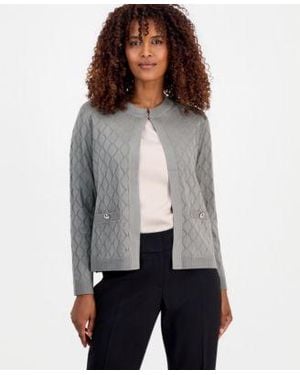 Kasper Kiss Front Diamond Stitch Cardigan - Gray