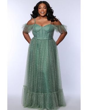Sydney's Closet V-neckline Flutter Sleeve Slim A-line Gown - Green