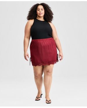 And Now This Trendy Plus Size Satin Lace-trim Mini Skirt - Red