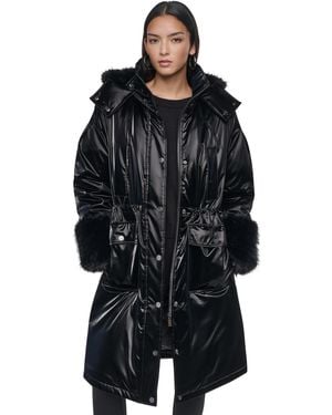 DKNY Hooded Knee-length Faux Fur Cuff Nylon Velvet Coat - Black
