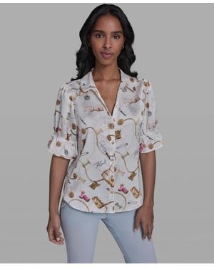 KARL LAGERFELD All-over Printed Button Front Blouse - Gray