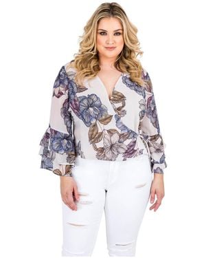 Standards & Practices Plus Size Floral Print Chiffon Flare Sleeve Blouse - White