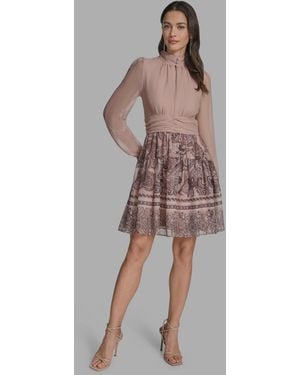 BCBGMAXAZRIA Mock-neck Long-sleeve Chiffon Fit & Flare Dress - Brown
