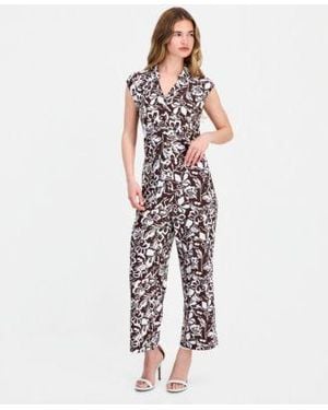 Anne Klein Essentials Petite Collared Button Front Top Printed High Rise Wide Leg Pants - White