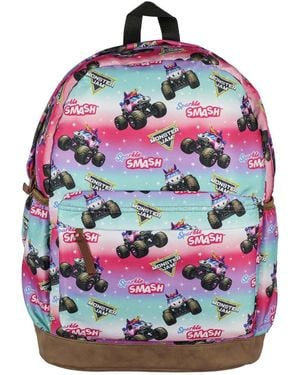 MONSTER JAM Backpack Sparkle Smash All Over Design 16 Inch Book Bag School - Red