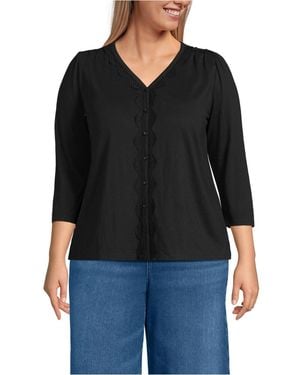 Lands' End Plus Size 3/4 Sleeve Slub V-neck Lace Trim Top - Black