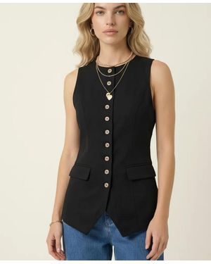 Modenaire Longline Button Front Flap Pocket Vest - Black
