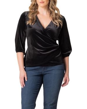 Kiyonna Plus Size Odette Velvet Faux Wrap Top - Black