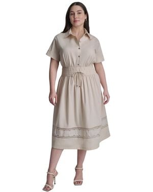 DKNY Plus Size Short-sleeve Smocked Shirt Dress - Multicolor